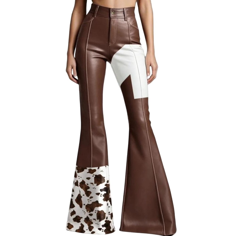 Ursime Western Cow Pattern PU Leather High Waist Bell Bottom Pants - Size XL
